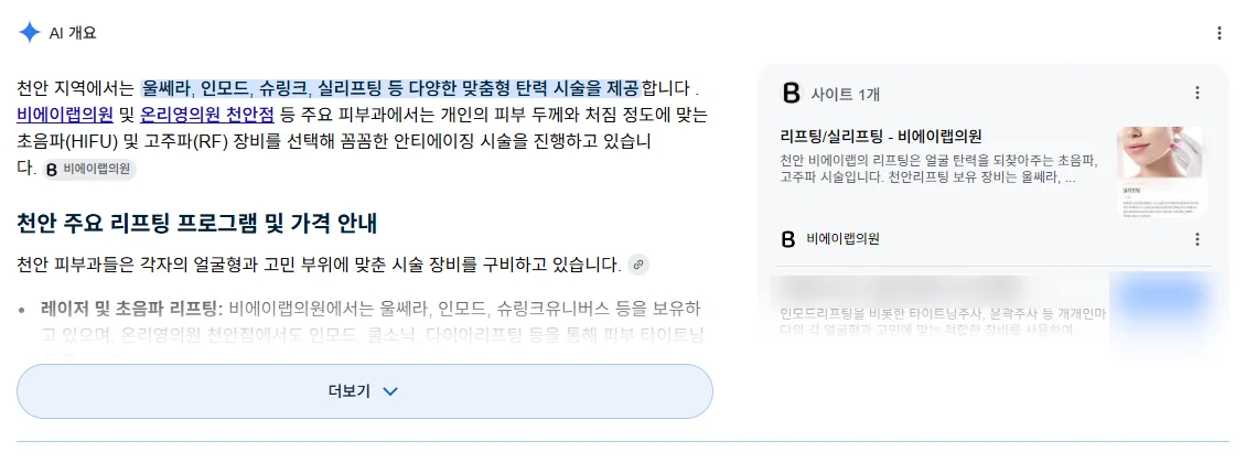 구글 AI 개요의 소스 패널. 인용된 사이트 목록에 병원 리프팅 페이지가 포함돼 있다