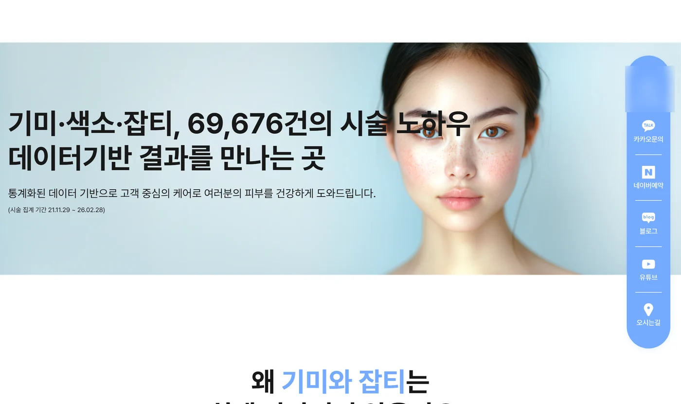 고객사 사이트의 시술 안내 페이지 첫 화면. 누적 시술 건수를 내세운 제목과 정돈된 구성