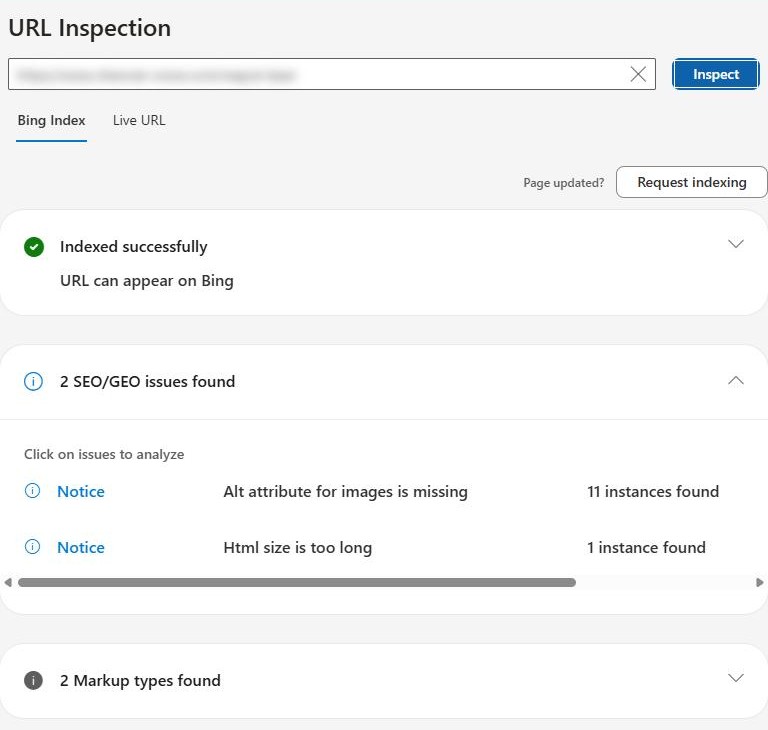 URL Inspection 결과. Indexed successfully, URL can appear on Bing, SEO/GEO 문제 2건(이미지 alt 속성 누락, HTML 크기 과다), 마크업 2종 발견, Request indexing 버튼