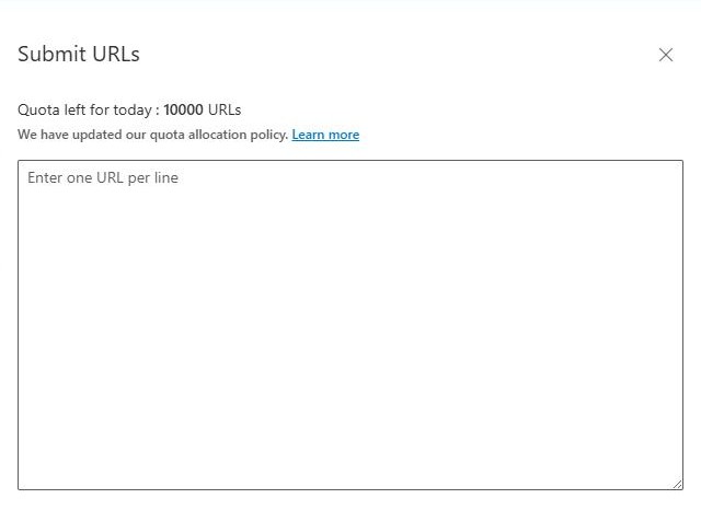 Submit URLs 창. 오늘 남은 한도 10000 URLs, 한 줄에 URL 하나씩 입력하는 칸과 Submit 버튼