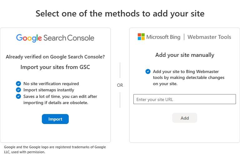 빙 웹마스터도구 사이트 추가 창. 왼쪽은 Google Search Console에서 가져오기(Import), 오른쪽은 사이트 주소를 직접 입력하는 Add your site manually