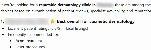 ChatGPT에 영어로 지역 피부과를 물은 답변. 관리 피부과가 1번 Best overall for cosmetic dermatology로 추천되고 상호는 가림 처리